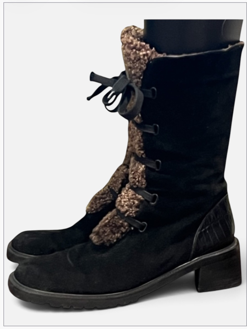 Stuart Weitzman Black Suede Faux Fur Block heel Boots Size 7.5